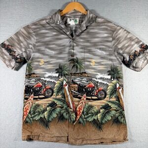 KY'S Hawaii Mens Gray Motorcycle Surfboard Tropical‎ Cotton Aloha Shirt Medium